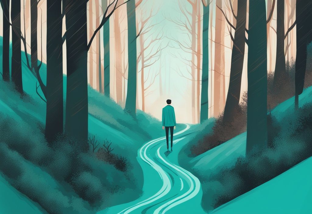 Ilustración digital moderna en tonos teal de una persona contemplando dos caminos divergentes, uno marcado 'Crecimiento Personal' y el otro 'Crecimiento Profesional', en un entorno sereno de bosque.