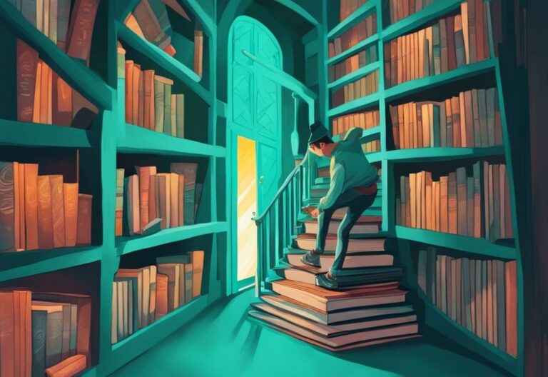 Ilustración digital moderna con tema de color teal, persona subiendo una escalera de libros hacia una puerta brillante en la cima, simbolizando la oportunidad de mejora personal.