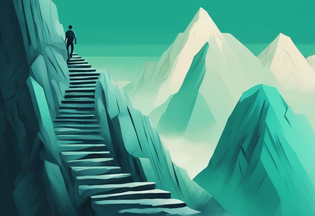 Ilustración digital moderna de un hombre subiendo una empinada escalera en una montaña de piedra, simbolizando el desafío del desarrollo personal, con un tema de color principal en tonos de teal.