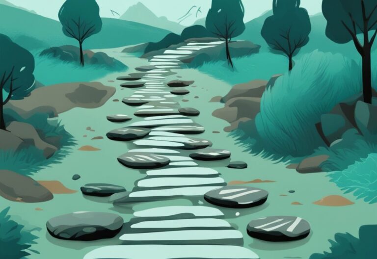 Ilustración digital moderna en tonos teal que muestra una serie de piedras escalonadas en una colina, cada piedra marcada con desarrollo personal ejemplos como resiliencia, motivación, establecimiento de metas y comunicación.