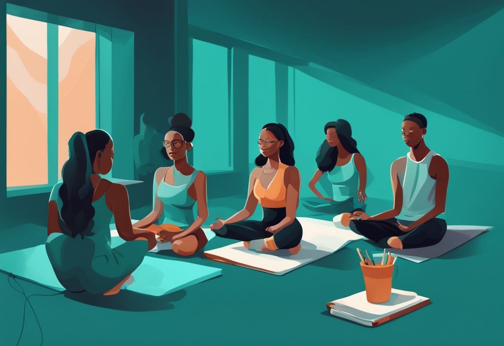 Ilustración digital moderna en tonos teal con un grupo diverso de personas realizando actividades como lectura, meditación, oratoria y ejercicio físico, simbolizando temas diversos de desarrollo personal.