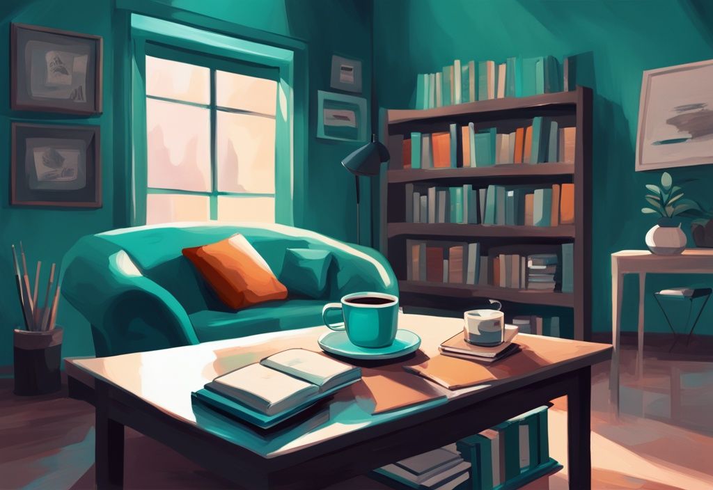 Ilustración digital moderna con tema teal, pila de libros de autoayuda en un rincón de lectura acogedor con una taza de café caliente y gafas al lado.