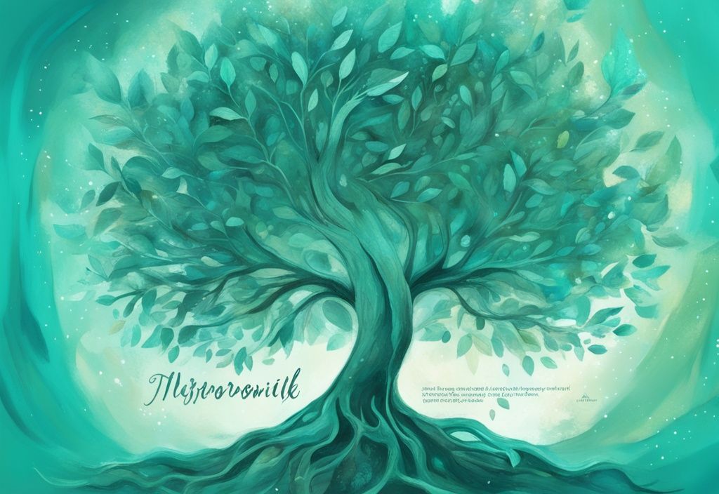 Ilustración digital moderna de un árbol floreciente con palabras como crecimiento, auto-mejora, transformación y progreso, simbolizando el desarrollo personal, en tonos de color teal.