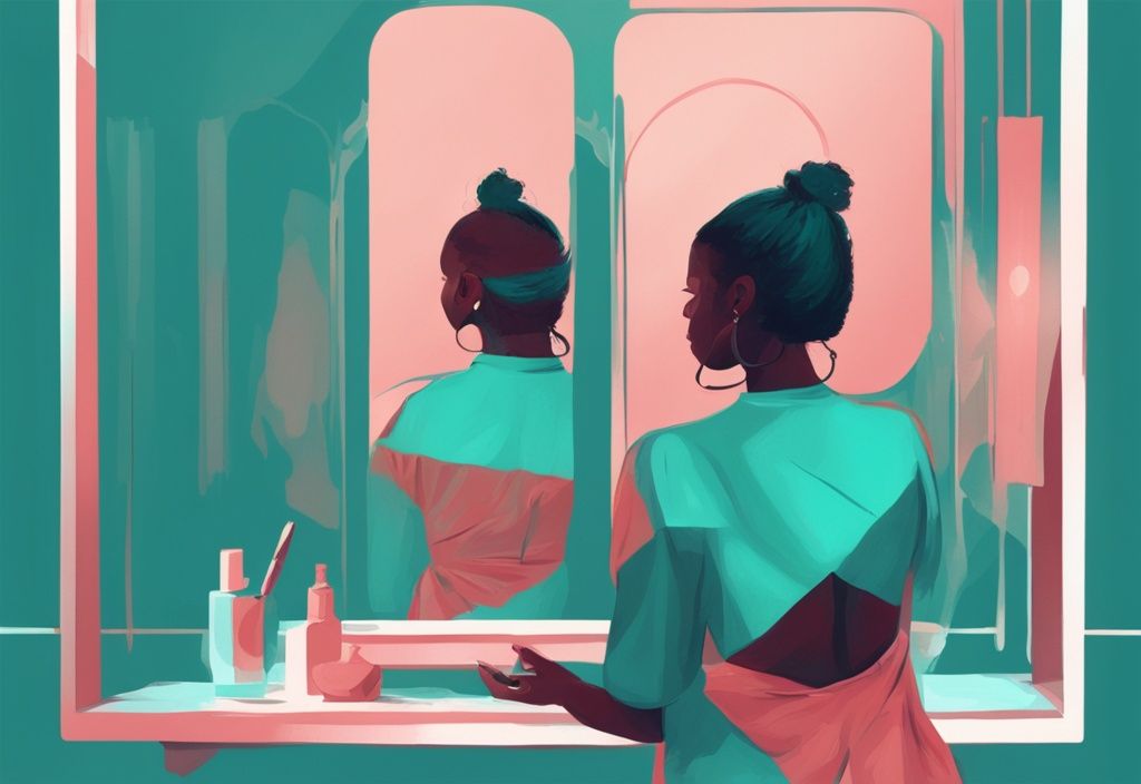 Ilustración digital moderna en tonos de color teal de una persona mirando su reflejo en un espejo, simbolizando los beneficios del desarrollo personal.