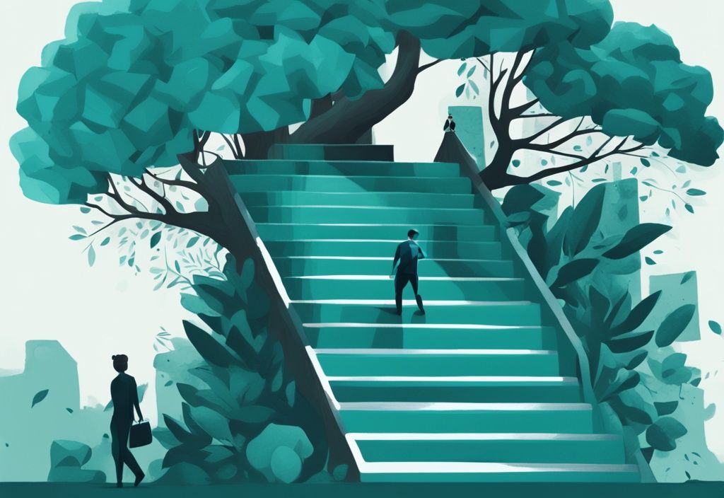 Ilustración digital moderna en tonos teal de una persona subiendo una escalera que representa aspectos del desarrollo personal como aprendizaje, determinación, establecimiento de metas, con un árbol floreciente en la cima simbolizando los resultados del desarrollo personal.