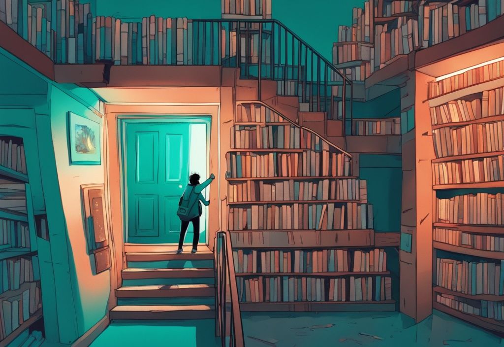 Ilustración digital moderna de una persona subiendo una escalera de libros hacia una puerta luminosa, representando una oportunidad de mejora personal.