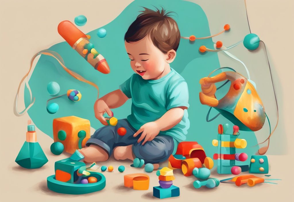 Ilustración digital moderna con un niño pequeño interactuando con juguetes educativos coloridos, desarrollando habilidades cognitivas y motoras finas, tema principal en color turquesa.