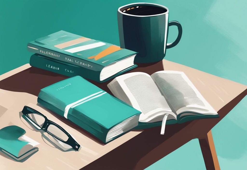 Ilustración digital moderna con temática de color teal, mostrando libros de desarrollo personal y liderazgo esparcidos en un escritorio con gafas de lectura y una taza de café cerca.