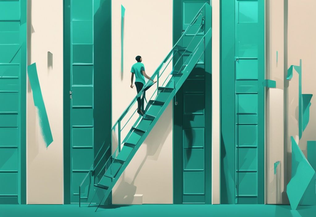 Ilustración digital moderna con tema de color teal, mostrando a una persona subiendo una escalera hacia múltiples puertas que representan desarrollo personal como estilo de vida saludable, nuevas habilidades, crecimiento profesional y mindfulness.