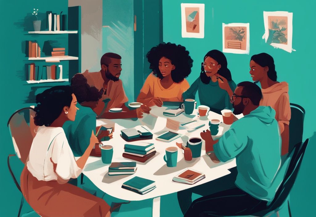 Ilustración digital moderna con tema de color teal, mostrando un grupo diverso de personas en una animada discusión alrededor de una mesa con libros y tazas de café.