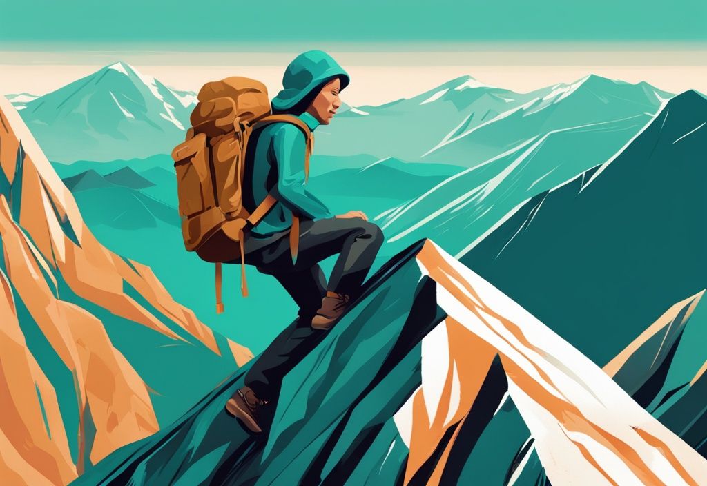 Ilustración digital moderna en tonos teal de una persona escalando una montaña empinada con una mochila pesada que representa desafíos personales como finanzas, salud y relaciones.