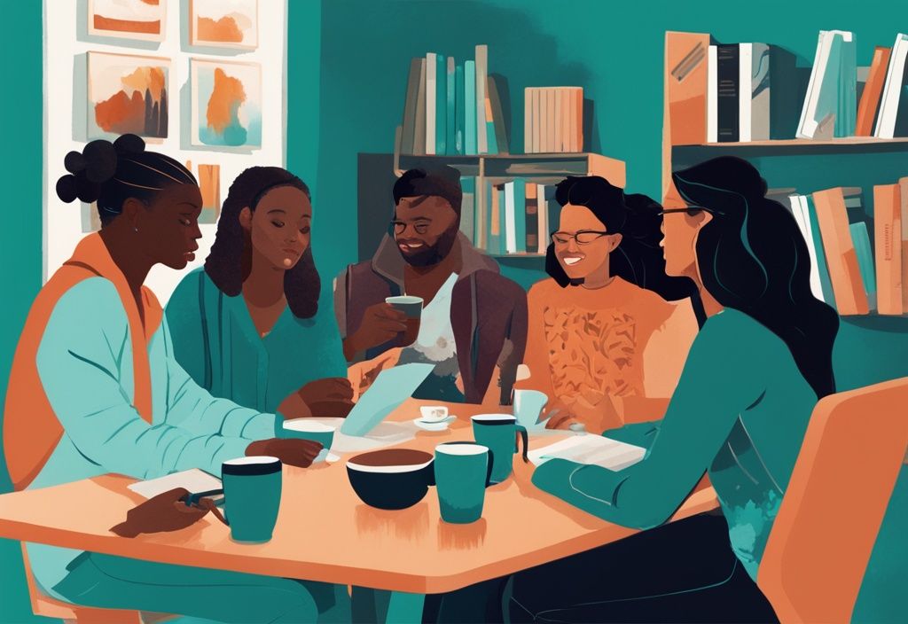 Ilustración digital moderna con tema principal en color teal, mostrando un grupo diverso de personas en una animada discusión alrededor de una mesa con libros y tazas de café.