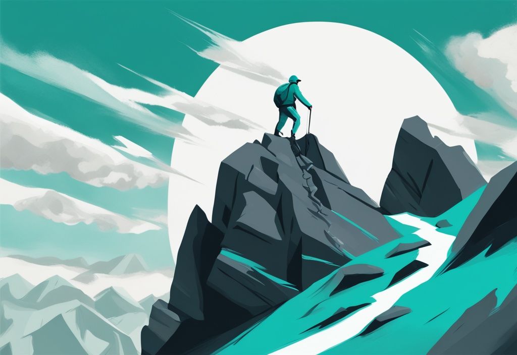 Ilustración digital moderna con tema de color teal, persona escalando una montaña rocosa y empinada, simbolizando la resiliencia ante desafíos personales.