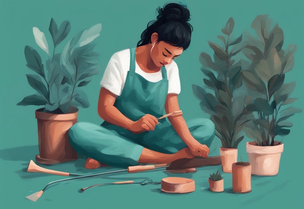 Ilustración digital moderna en tonos teal de una persona realizando una actividad personal como pintar, tocar un instrumento musical o jardinería.