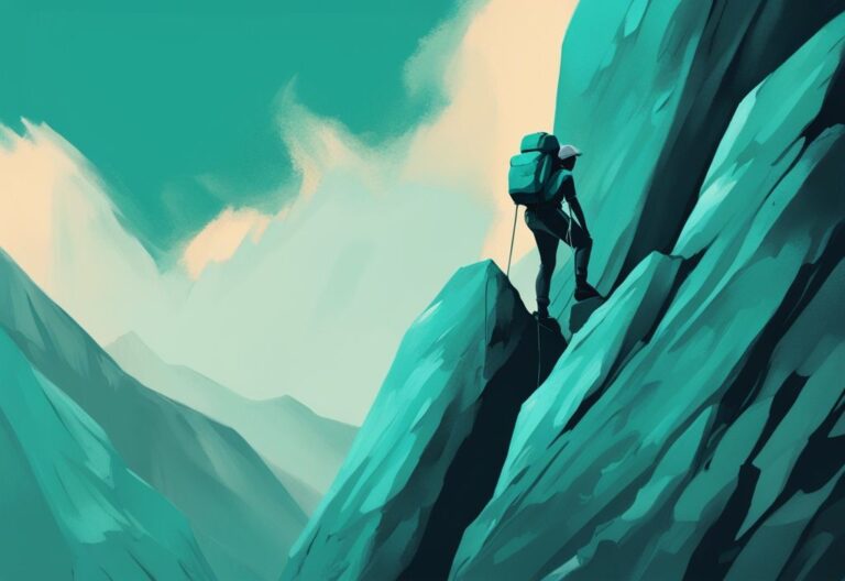 Ilustración digital moderna de una persona escalando una montaña rocosa y empinada, simbolizando la resiliencia ante los desafíos personales, con un tema de color principal en tonos de teal.