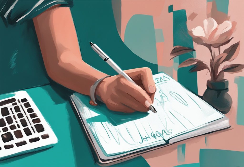 Ilustración moderna digital en tonos teal de una mano escribiendo metas y pasos en una libreta, simbolizando un plan de desarrollo personal ejemplo.