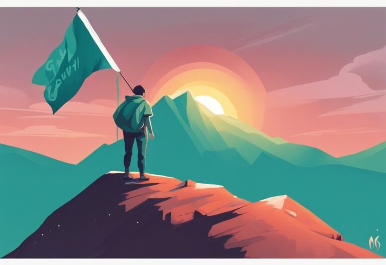 Ilustración digital moderna con tema principal en color teal, persona en la cima de una montaña sosteniendo una bandera con la palabra 'GROWTH', atardecer en el fondo, desarrollo personal.