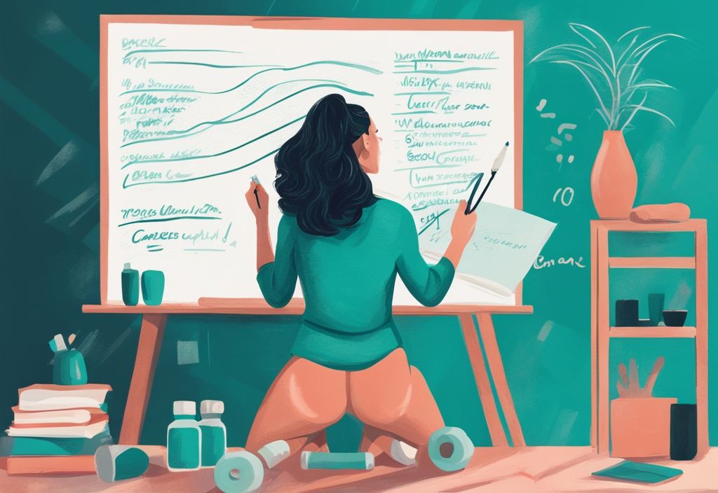 Ilustración digital moderna en tonos teal de una mujer escribiendo con compasión en una pizarra sobre metas personales como fitness, carrera, aprendizaje, creatividad y relaciones.