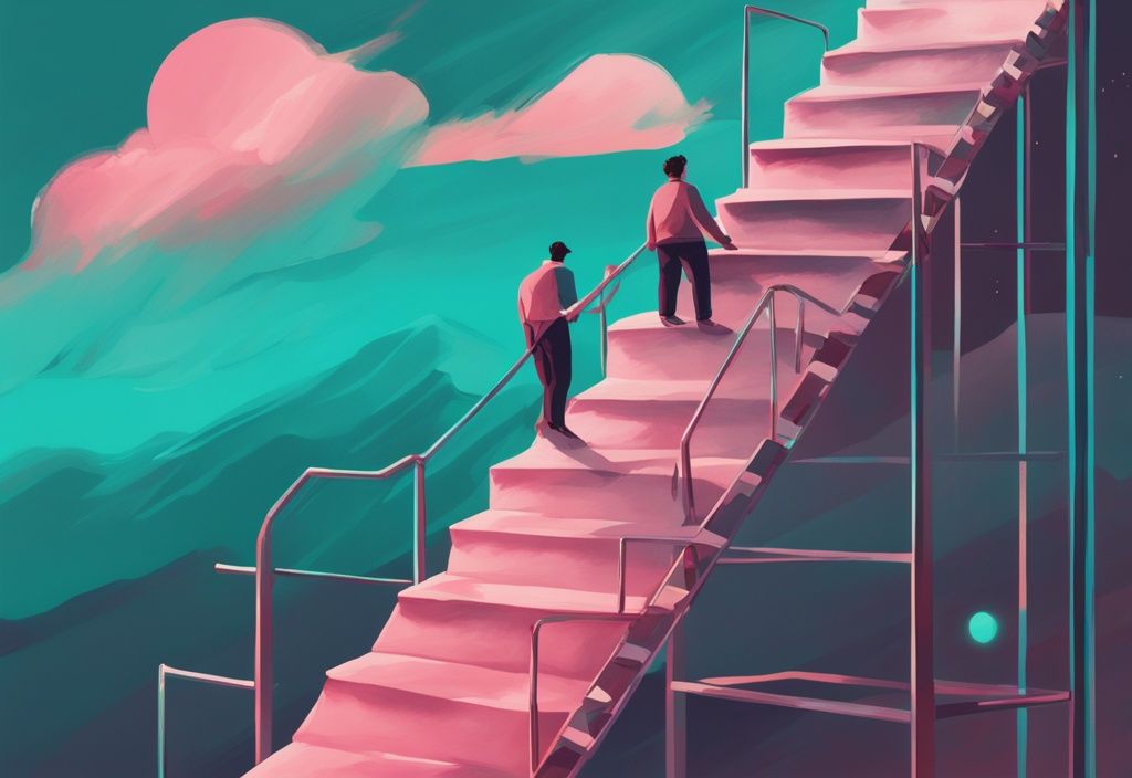 Ilustración digital moderna con tema de color teal, mostrando a una persona subiendo una escalera hacia un horizonte más brillante, simbolizando el viaje del desarrollo personal - imágenes desarrollo personal.