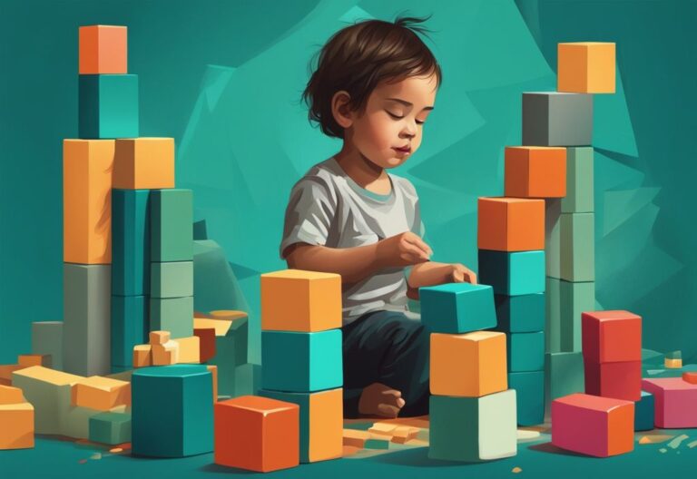 Niño feliz construyendo una torre de bloques de colores, simbolizando el desarrollo personal en la primera infancia.