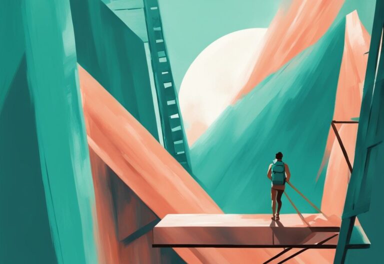 Ilustración digital moderna en tonos teal de una persona subiendo una escalera hacia un horizonte brillante, simbolizando el viaje de desarrollo personal - imágenes desarrollo personal.