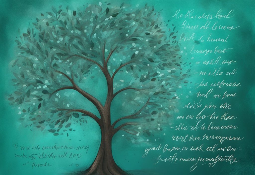 Ilustración digital moderna de un árbol floreciente con hojas cubiertas de frases inspiradoras escritas a mano sobre amor propio y crecimiento personal, con tema de color principal en tonos teal.