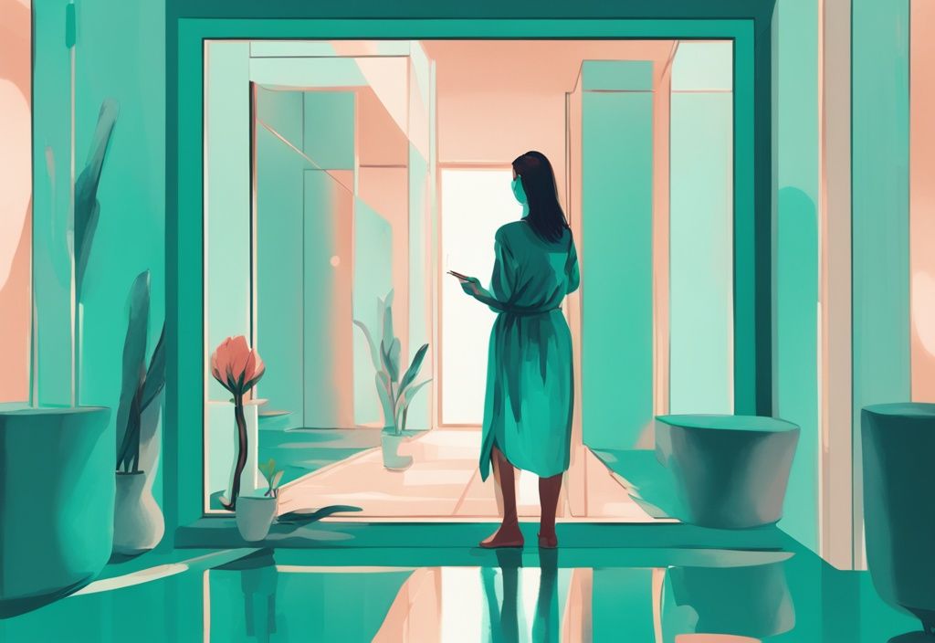 Ilustración digital moderna de una persona frente a un espejo creciendo en altura, representando su viaje de mejoramiento personal, con tema de color principal en tonos de teal.