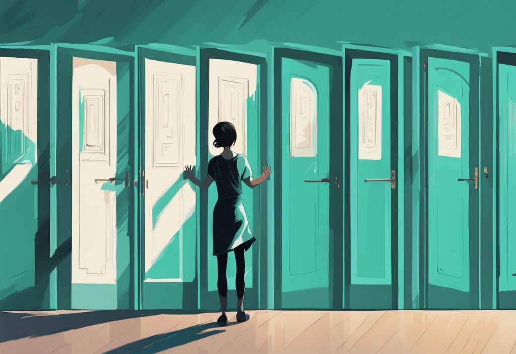 Ilustración digital moderna en tonos de color teal de una persona frente a una fila de puertas etiquetadas con varias habilidades, mientras se dispone a abrir una, destacando el desarrollo de habilidades personales.