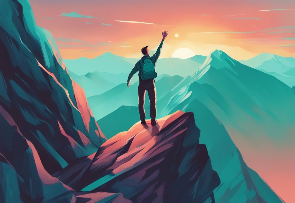 Ilustración digital moderna de una persona alcanzando la cima de una montaña al amanecer, simbolizando el crecimiento personal y superación de obstáculos, con temática de color teal.