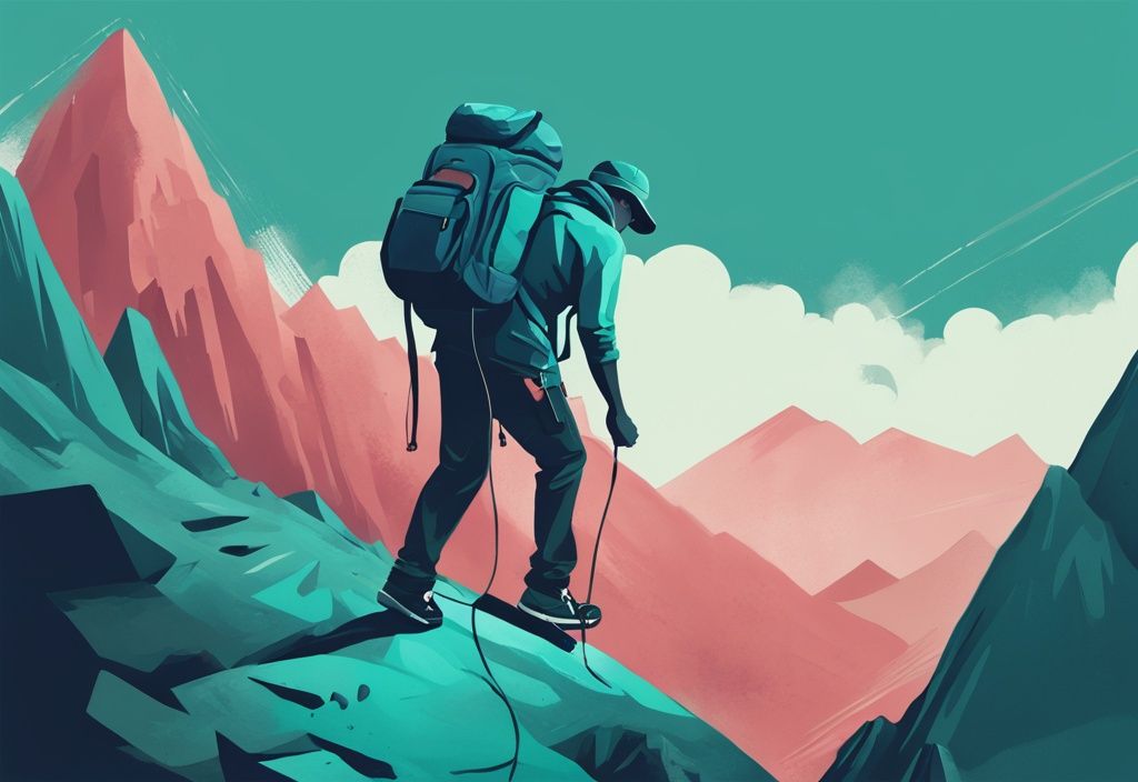 Ilustración digital moderna en tonos teal de una persona escalando una montaña empinada con una mochila pesada que representa desafíos personales como finanzas, salud y relaciones.