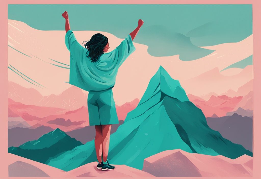 Ilustración digital moderna de una mujer en una montaña levantando un cartel con frases de superación personal y autoestima para mujeres.