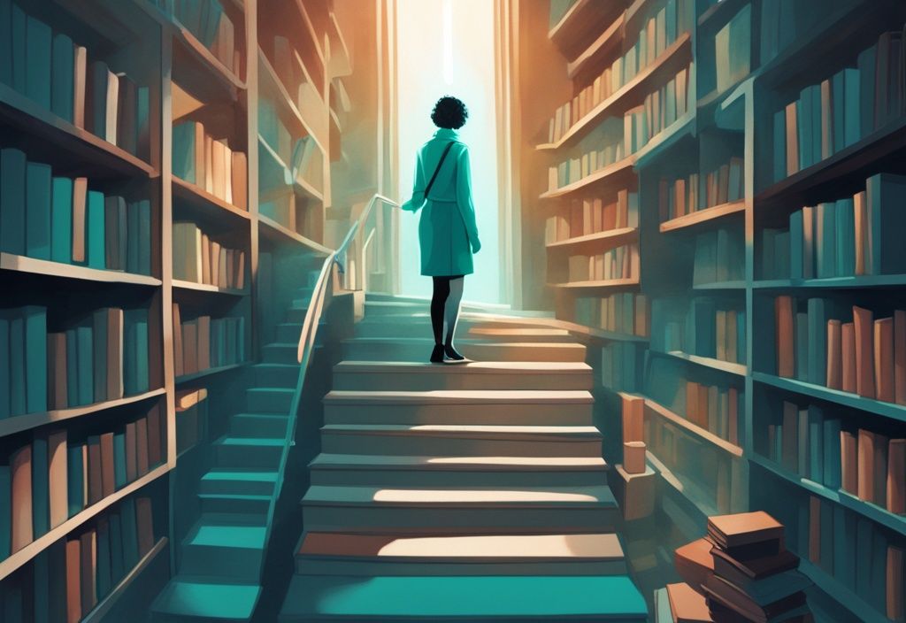 Ilustración digital moderna de una persona frente a una escalera de libros con luz brillante simbolizando metas futuras y desarrollo personal, con tema de color principal en tonos teal.