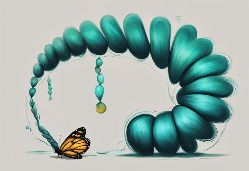 Ilustración digital moderna en tonos de teal que muestra una oruga y su metamorfosis en mariposa, simbolizando la transformación personal y el crecimiento.