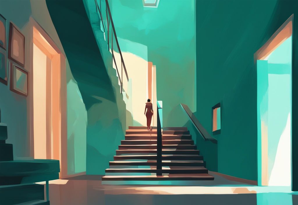 Ilustración digital moderna en tonos teal de una persona al pie de una escalera, mirando hacia una puerta iluminada que simboliza una oportunidad de mejora personal.