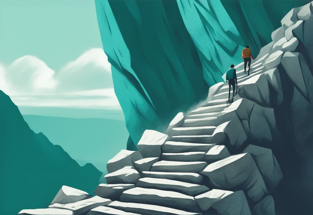 Ilustración digital moderna con tema principal en color turquesa de un hombre subiendo una empinada escalera tallada en una montaña de piedra, simbolizando el desafiante viaje del desarrollo personal.