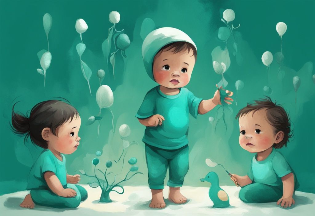 Ilustración digital moderna en tonos de color teal mostrando a un niño en diferentes etapas de crecimiento con objetos simbólicos relacionados con su desarrollo psicológico.