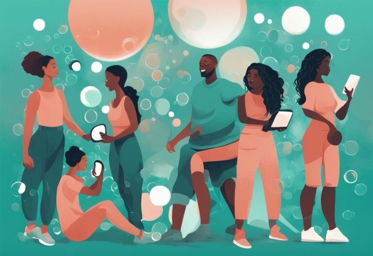 Ilustración digital moderna en tonos de teal, mostrando a individuos diversos en burbujas separadas, cada uno participando en actividades que representan diferentes áreas de la vida de una persona como trabajo, familia, fitness y pasatiempos.