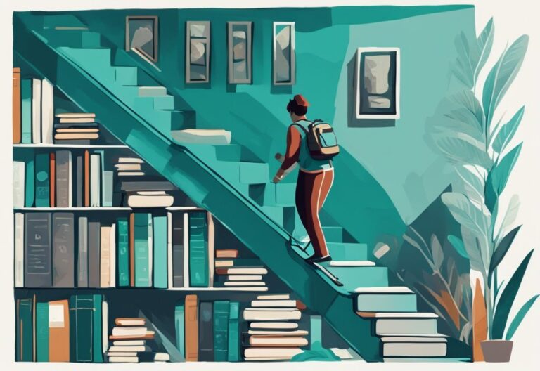 Ilustración digital moderna en tonos teal de una persona subiendo una escalera hecha de libros que representan los fundamentos del desarrollo personal como la autoconciencia, establecimiento de metas, gestión del tiempo, habilidades de comunicación y resiliencia.