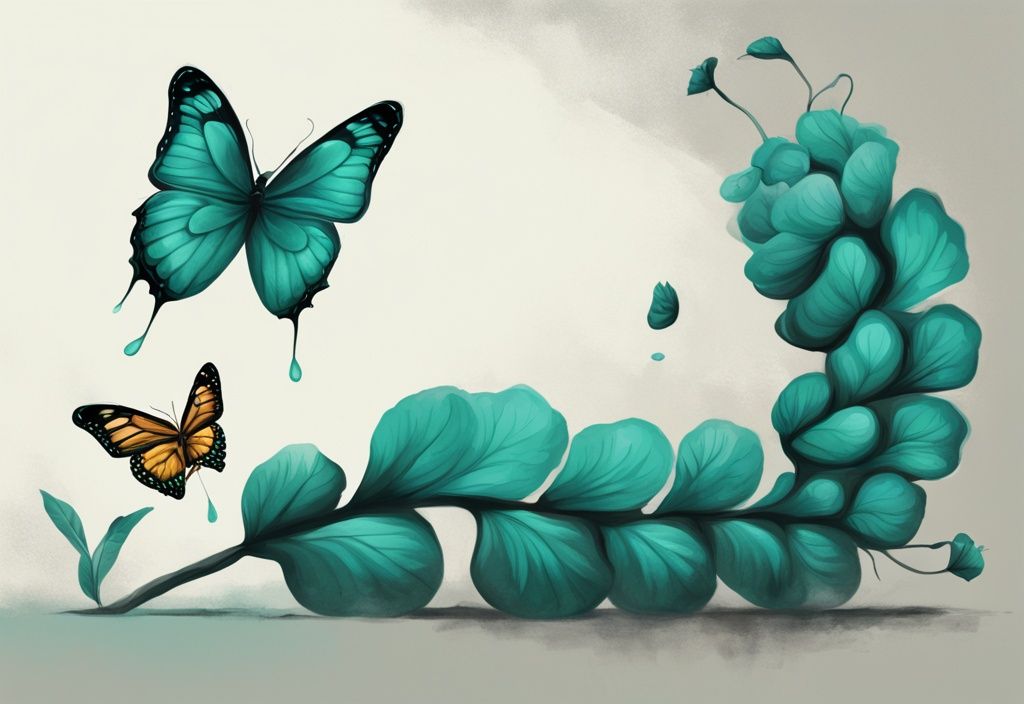 Ilustración digital moderna de una oruga transformándose en mariposa, simbolizando crecimiento personal y transformación, con tema de color principal en tonos teal.