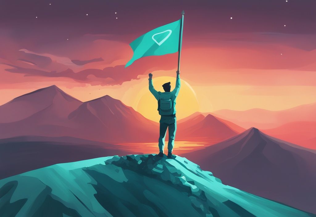 Ilustración digital moderna en tonos de color teal de una persona en la cima de una montaña sosteniendo una bandera con la palabra 'GROWTH' al atardecer, simbolizando el desarrollo personal.