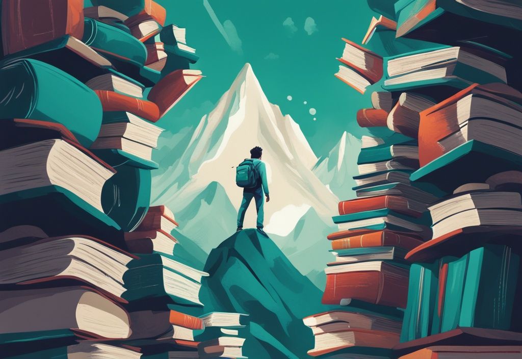 Ilustración digital moderna en tonos teal de una persona escalando una montaña metafórica de libros, cada uno con títulos de diferentes habilidades, simbolizando ejemplos de desarrollo personal.