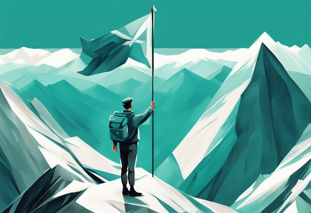 Ilustración digital moderna de una persona en la cima de una montaña con una bandera, simbolizando un viaje exitoso de liderazgo, con libros y herramientas de desarrollo personal a sus pies, en tonos de color teal.