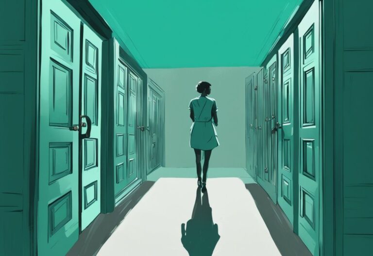 Ilustración digital moderna con tema principal en color teal, una persona frente a una fila de puertas etiquetadas con diversas habilidades, alcanzando para abrir una, destacando el desarrollo de habilidades personales.