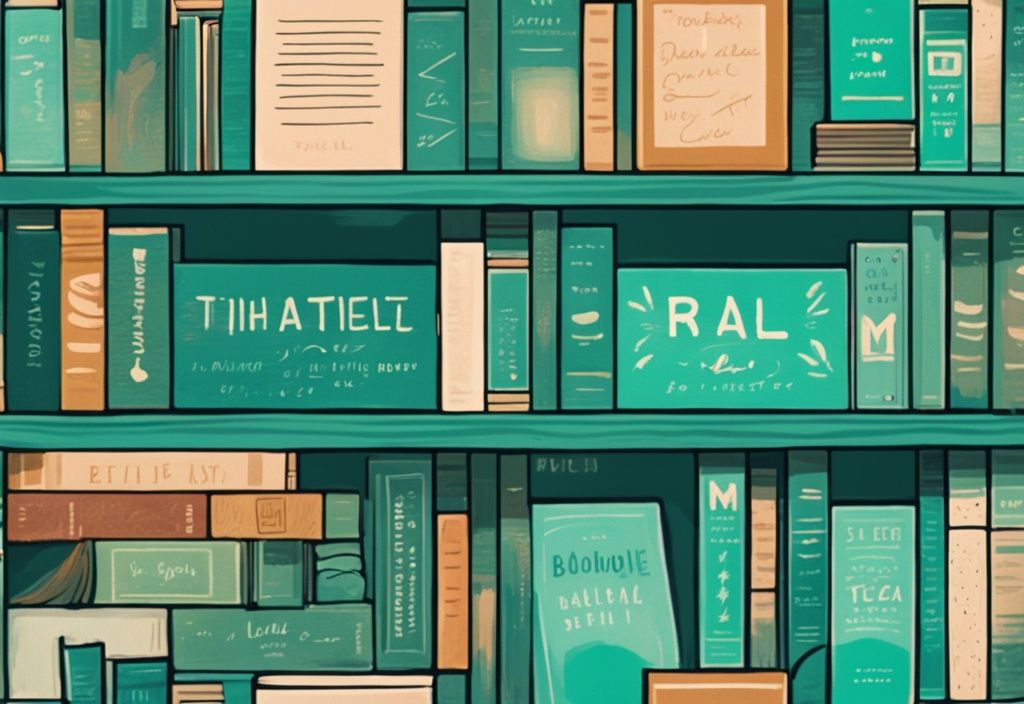 Ilustración digital moderna con libros de desarrollo personal en una estantería de madera, iluminados por una luz cálida y suave, con un tema de color principal en tonos teal.