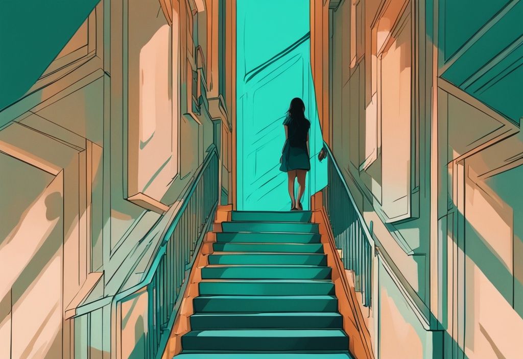 Ilustración digital moderna en tonos teal de una persona al pie de una escalera mirando hacia una puerta iluminada, simbolizando una oportunidad de mejora personal.