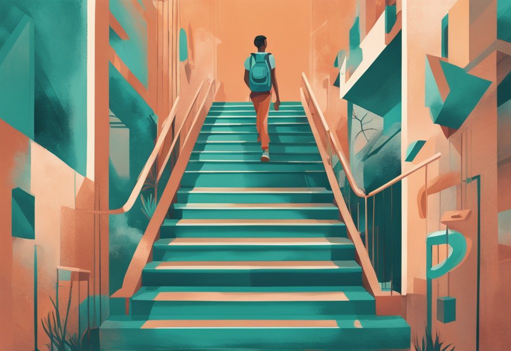 Ilustración digital moderna de una persona subiendo una escalera simbólica con iconos de bebé, estudiante, profesional e individuo iluminado, representando etapas de desarrollo personal, en tonos de color teal.