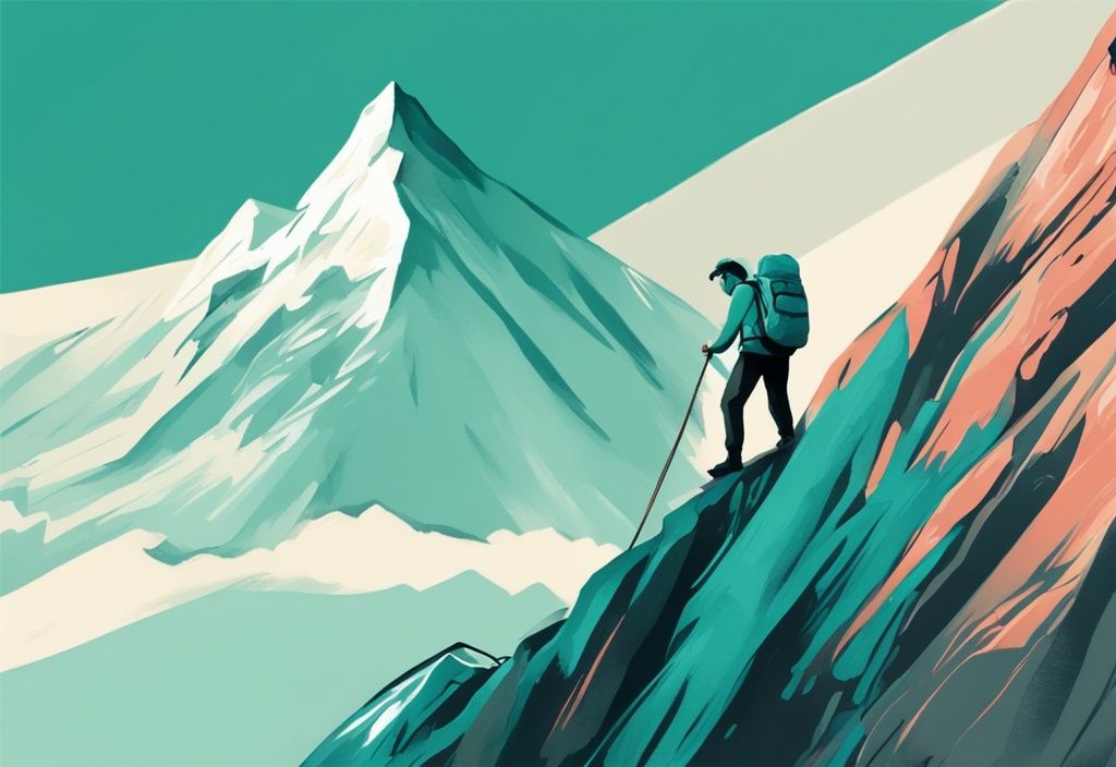 Ilustración digital moderna de una persona mirando una montaña con una bandera que dice "Mejora" en la cima, en tonos de color teal.