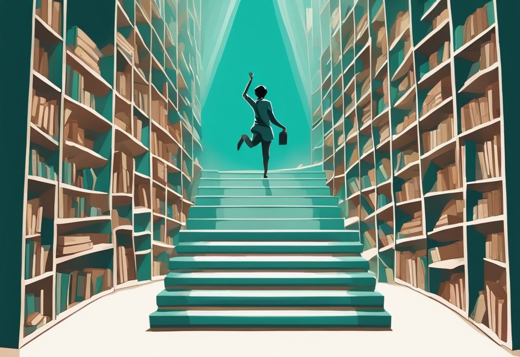 Ilustración digital moderna en tonos teal de una persona subiendo una escalera de libros sobre psicología del desarrollo personal, alcanzando una luz brillante en la cima.