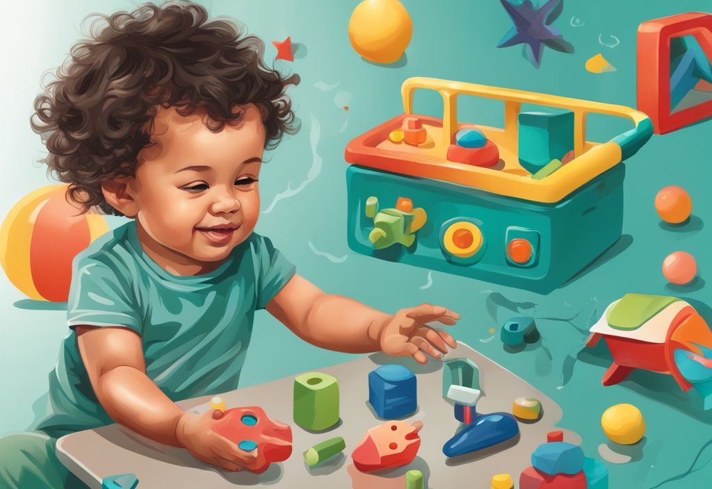 Niño pequeño jugando con juguetes educativos coloridos, desarrollando habilidades cognitivas y motoras finas, ilustración digital moderna en tonos de color teal.