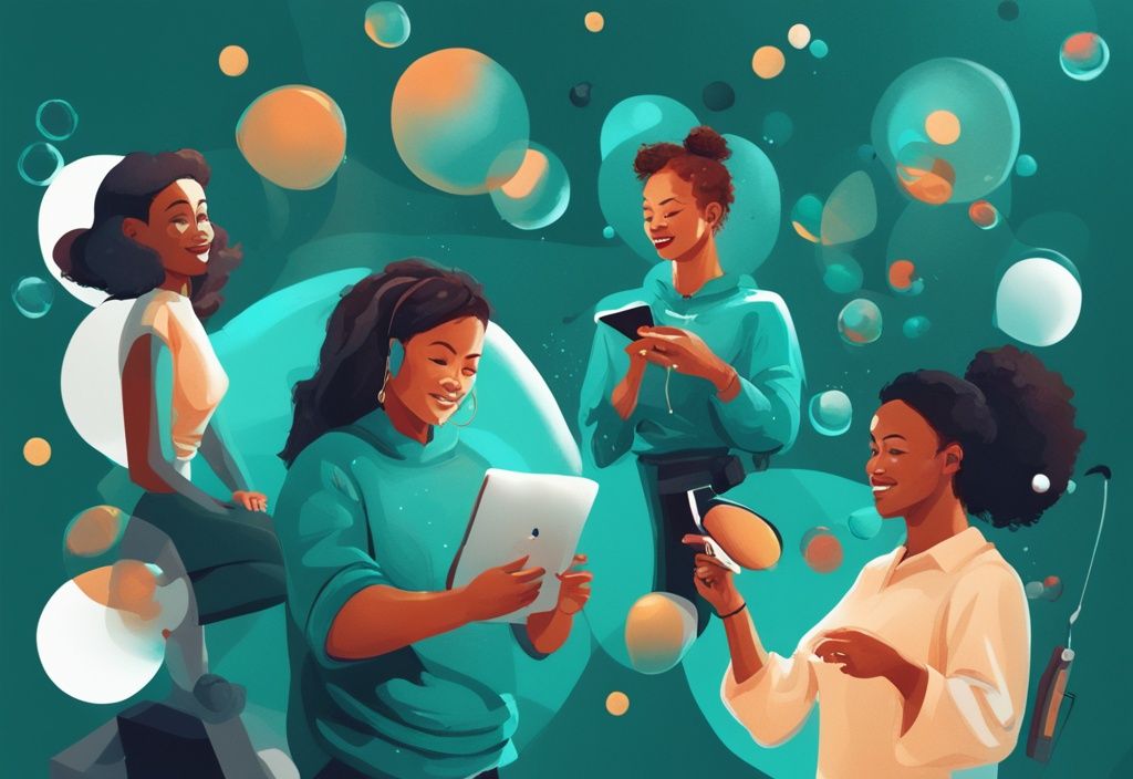 Ilustración digital moderna con tema de color teal mostrando a individuos diversos en burbujas separadas, cada uno participando en actividades que representan diferentes áreas de la vida de una persona como trabajo, familia, fitness y pasatiempos.